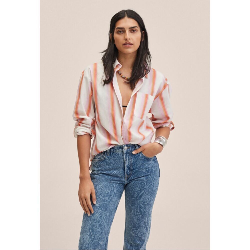 Mango Shirt Women's Large Button Up Longs Sleeve Striped Pocket Casual - Picture 1 of 11